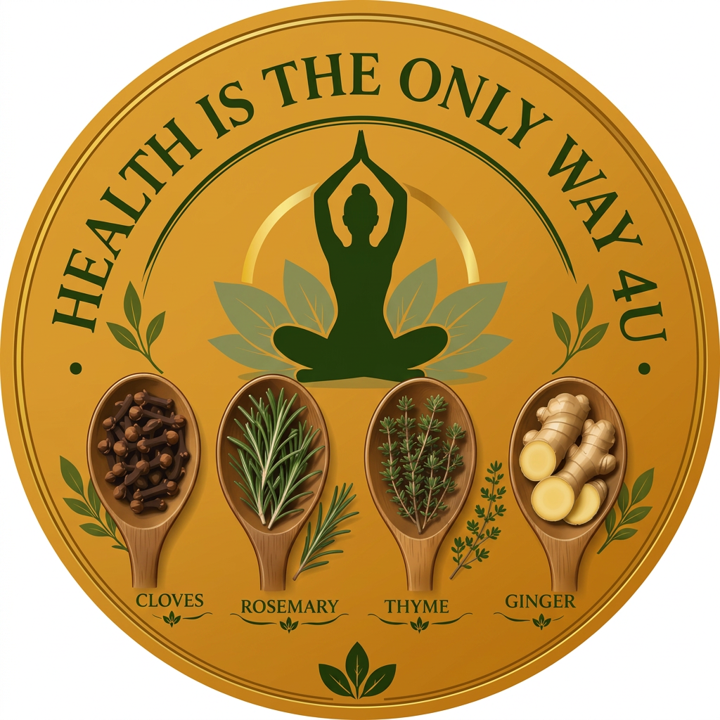 Health is the Only Way 4U emblem with herbs and meditating figure